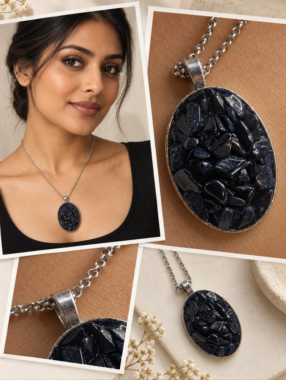 Handmade Necklace with Dark Blue Stone Mosaic Pendant